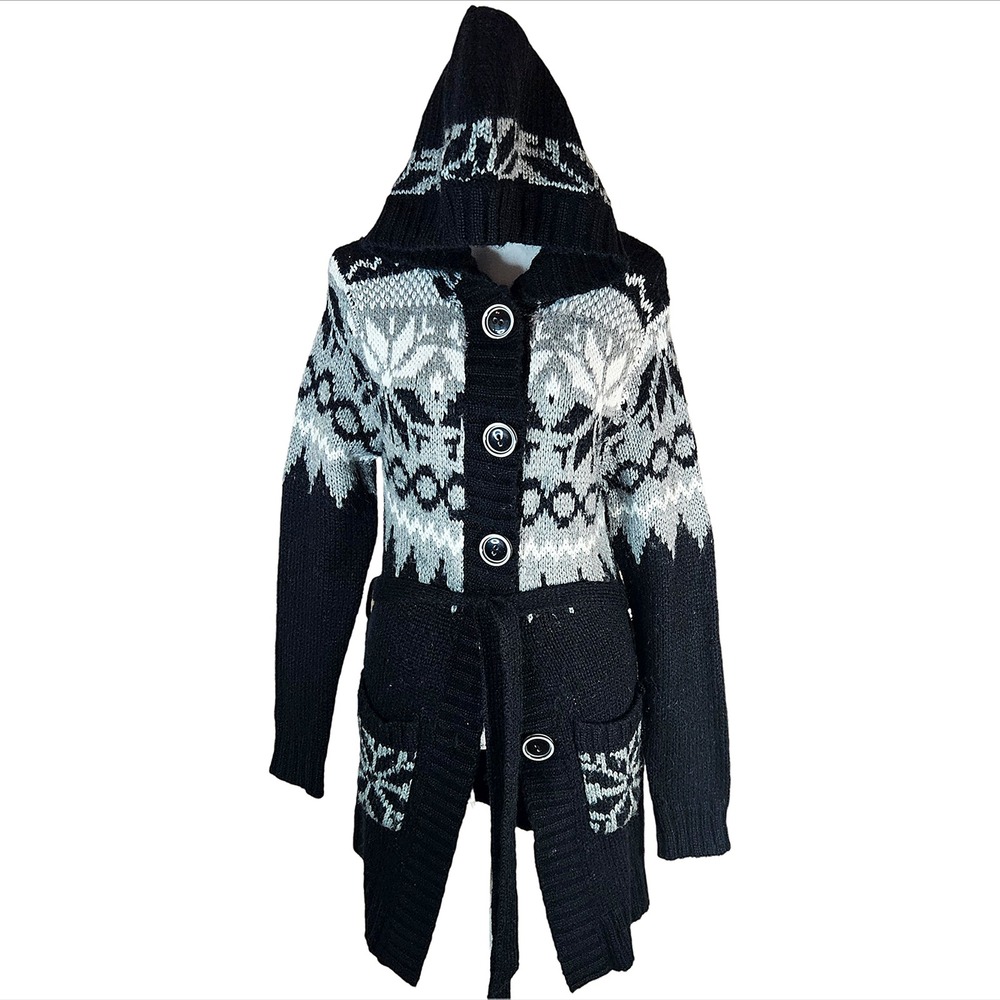 Magic Hooded Fair Isle Cardigan Women Size Small Wool Blend Winter Goth Boho